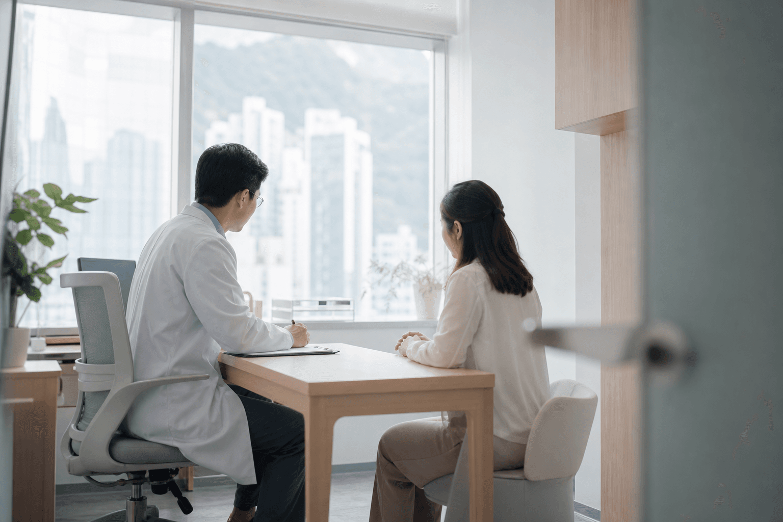A doctor and patient in conversation in a bright Hong Kong consultation room