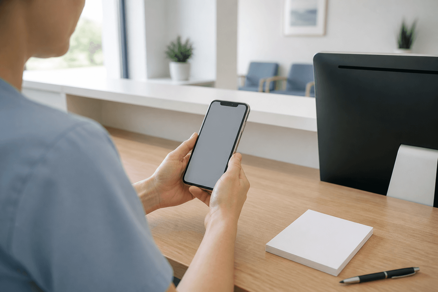 A clinic receptionist holding a phone at a tidy front desk