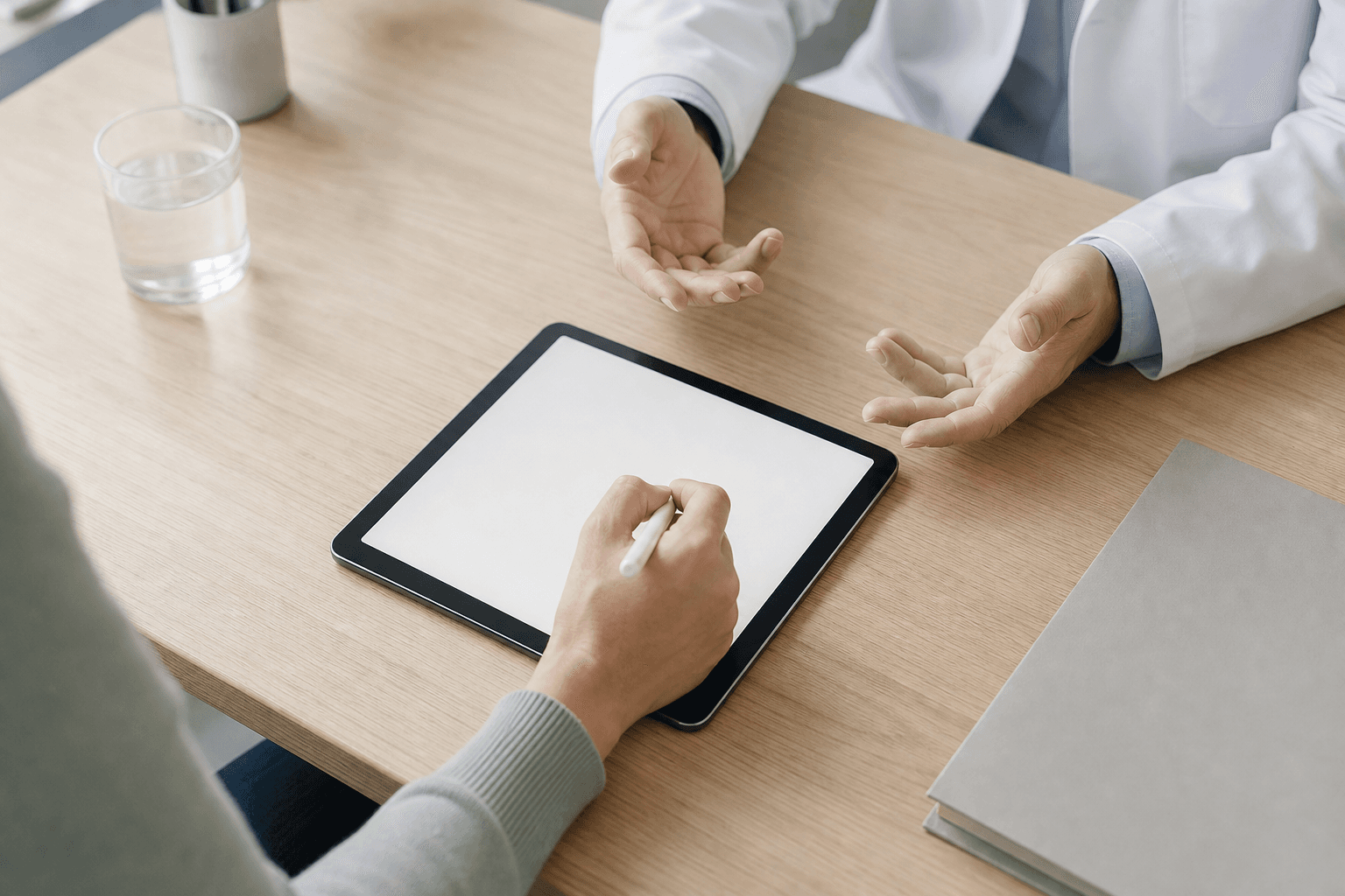 A patient signing on a tablet with a stylus at a consultation desk
